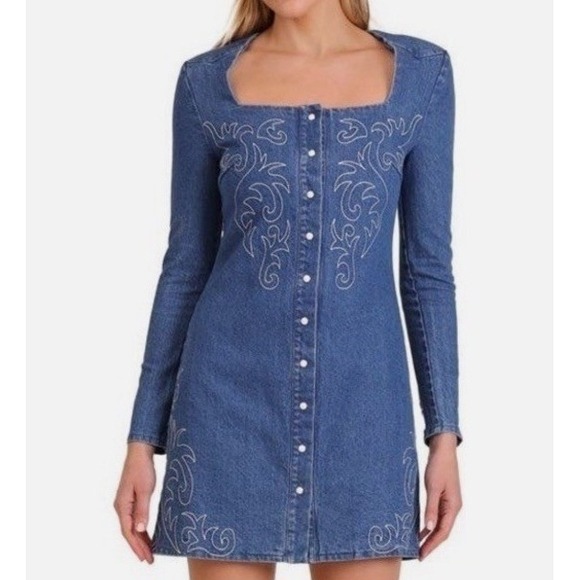 Avec Les Filles Western Embroidered Denim Mini Dress – Long Sleeve Size 8 NWT - Picture 1 of 11